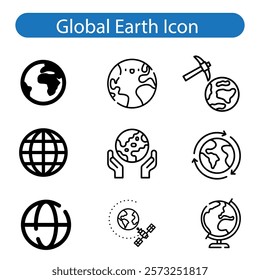 World vector art icon set, Earth icons, set Earth globe hemispheres with continents, globes with world maps on white background.