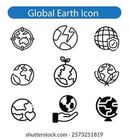 World vector art icon set, Earth icons, set Earth globe hemispheres with continents, globes with world maps on white background.