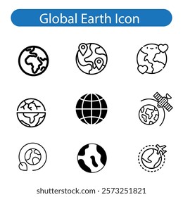 World vector art icon set, Earth icons, set Earth globe hemispheres with continents, globes with world maps on white background.