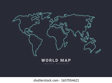 World vector map. Earth planet neon stylized line outline stroke. fAbstract illustration isolated on dark background.