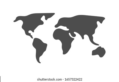 World vector map. Earth planet simple stylized continents silhouette, minimal simplified line contour. Gray shape isolated on white. Abstract illustration for laser cutting, interior decorate