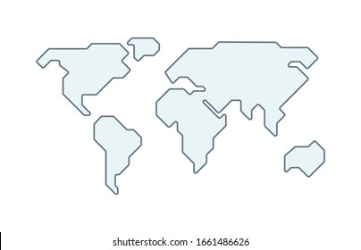 World vector map. Earth planet simple stylized continents silhouette, minimal simplified line contour. Shape isolated on white. Abstract illustration for infographic, interior decorate, wallpaper.