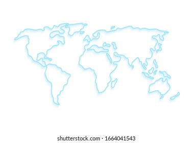 World vector map. Earth planet stylized template line outline stroke with shadow. Abstract blue illustration on white background.