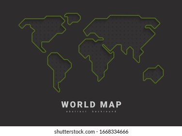 World vector map. Earth planet stylized line outline green stroke with shadow. fAbstract illustration isolated on dark background