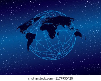 World vector map in ortho style on sphere grid of longitude and latitude with night lights and star lights