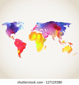 World vector map painted with watercolors, painted world map on white background.