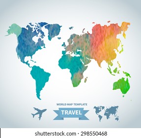 World vector map painted with watercolors, painted world map on white background.