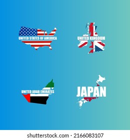 world vector map, vector map of united states, japan, united arab emirates, united kingdom with lettering and flags, for t-shirt designs, posters, templates and more