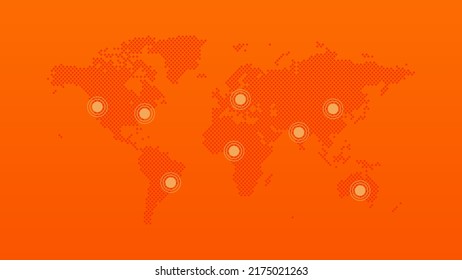 Símbolo vectorial mundial con clavijas de mapa. Fondo de infografía para página web, negocios globales, red, conexión, comunicación, plantilla, ejemplo, diseño, viajes. Ilustración de degradado de naranja