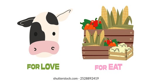 World vegan day background. Animal only for love. Vegan lifestyle concept. No meat. Vegan cafe print. Inscription calling for vegan lifestyle