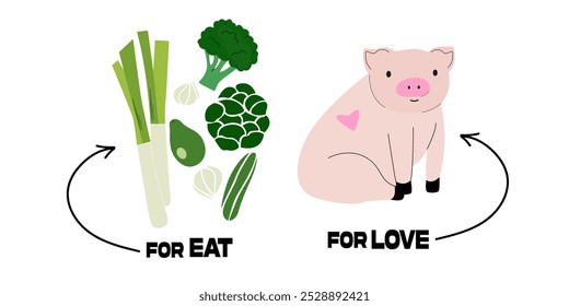 World vegan day background. Animal only for love. Vegan lifestyle concept. No meat. Vegan cafe print. Inscription calling for vegan lifestyle