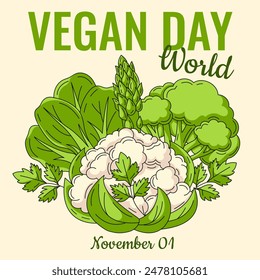 World Vegan Day background. Square greeting card with vegetables and greens icons composition. For postcard, poster, social media, invitation. Healthy eco veggies, organic natural food
