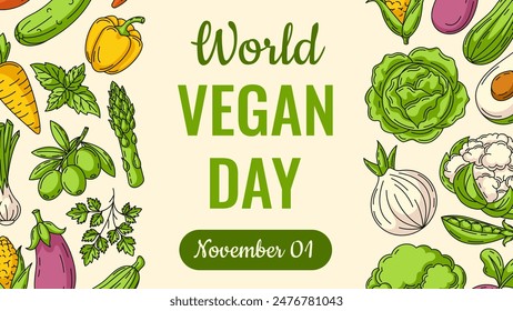 World Vegan Day background. Vector horizontal banner with vegetables line icons set, veggies frame. For poster, social media, invitation, postcard, greeting card. Healthy, organic food concept