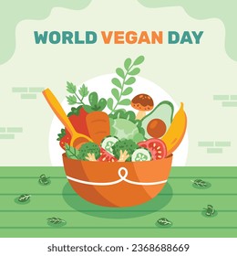 World vegan day background. World vegetarian day background. Happy world vegan day celebration. November 1. Vector illustration. Poster, Banner, Flyer, Greeting Card, Post, Template. Fresh vegetables.