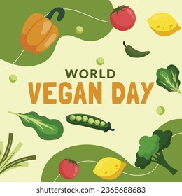 World vegan day background. World vegetarian day background. Happy world vegan day celebration. November 1. Vector illustration. Poster, Banner, Flyer, Greeting Card, Post, Template. Fresh vegetables.