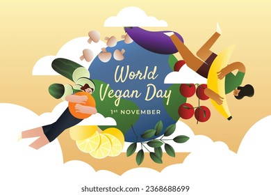 World vegan day background. World vegetarian day background. Happy world vegan day celebration. November 1. Vector illustration. Poster, Banner, Flyer, Greeting Card, Post, Template. Fresh vegetables.