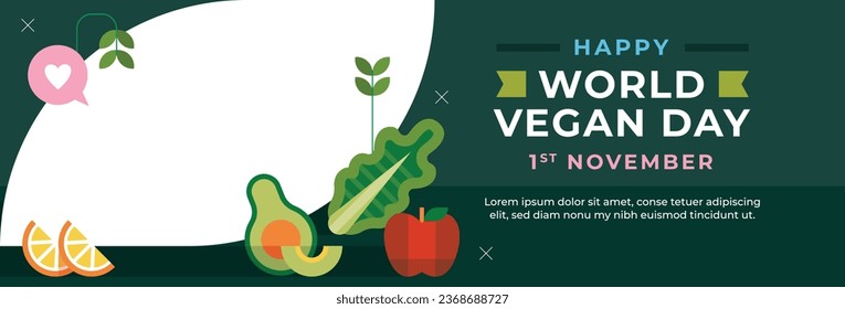 World vegan day background. World vegetarian day background. Happy world vegan day celebration. November 1. Vector illustration. Poster, Banner, Flyer, Greeting Card, Post, Template. Fresh vegetables.