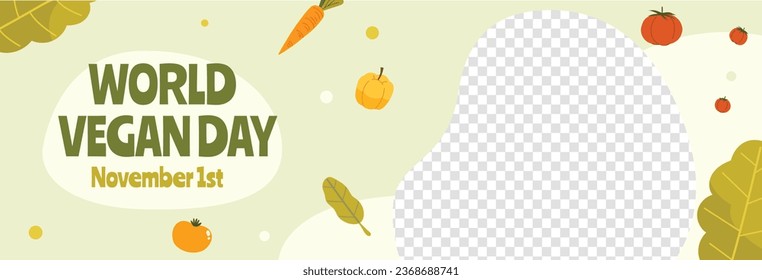 World vegan day background. World vegetarian day background. Happy world vegan day celebration. November 1. Vector illustration. Poster, Banner, Flyer, Greeting Card, Post, Template. Fresh vegetables.