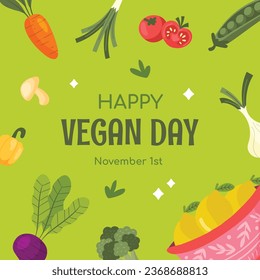 World vegan day background. World vegetarian day background. Happy world vegan day celebration. November 1. Vector illustration. Poster, Banner, Flyer, Greeting Card, Post, Template. Fresh vegetables.