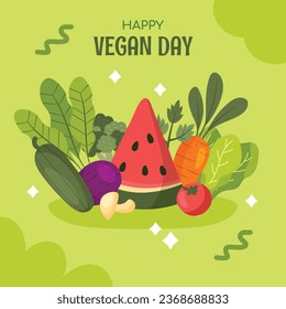 World vegan day background. World vegetarian day background. Happy world vegan day celebration. November 1. Vector illustration. Poster, Banner, Flyer, Greeting Card, Post, Template. Fresh vegetables.