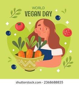 World vegan day background. World vegetarian day background. Happy world vegan day celebration. November 1. Vector illustration. Poster, Banner, Flyer, Greeting Card, Post, Template. Fresh vegetables.