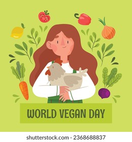 World vegan day background. World vegetarian day background. Happy world vegan day celebration. November 1. Vector illustration. Poster, Banner, Flyer, Greeting Card, Post, Template. Fresh vegetables.