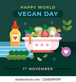 World vegan day background. World vegetarian day background. Happy world vegan day celebration. November 1. Vector illustration. Poster, Banner, Flyer, Greeting Card, Post, Template. Fresh vegetables.