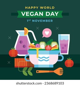 Antecedentes del Día Mundial de la Vega. Fondo del día vegetariano mundial. Feliz día vegano. 1 de noviembre. Ilustración vectorial. Afiche, Cartel, Volante, Tarjeta de felicitación, Post, Plantilla. Verduras frescas.