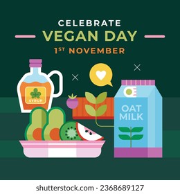 World vegan day background. World vegetarian day background. Happy world vegan day celebration. November 1. Vector illustration. Poster, Banner, Flyer, Greeting Card, Post, Template. Fresh vegetables.