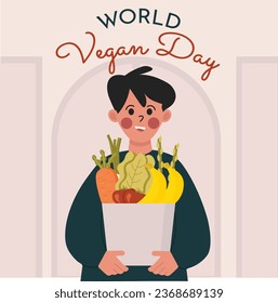 World vegan day background. World vegetarian day background. Happy world vegan day celebration. November 1. Vector illustration. Poster, Banner, Flyer, Greeting Card, Post, Template. Fresh vegetables.