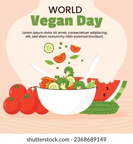 World vegan day background. World vegetarian day background. Happy world vegan day celebration. November 1. Vector illustration. Poster, Banner, Flyer, Greeting Card, Post, Template. Fresh vegetables.