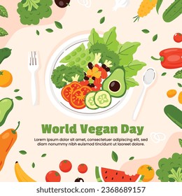 World vegan day background. World vegetarian day background. Happy world vegan day celebration. November 1. Vector illustration. Poster, Banner, Flyer, Greeting Card, Post, Template. Fresh vegetables.