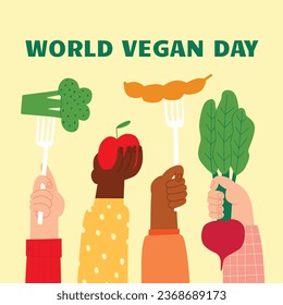 World vegan day background. World vegetarian day background. Happy world vegan day celebration. November 1. Vector illustration. Poster, Banner, Flyer, Greeting Card, Post, Template. Fresh vegetables.