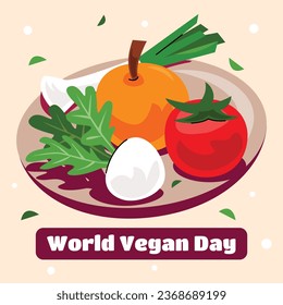 World vegan day background. World vegetarian day background. Happy world vegan day celebration. November 1. Vector illustration. Poster, Banner, Flyer, Greeting Card, Post, Template. Fresh vegetables.