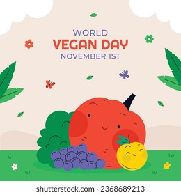 World vegan day background. World vegetarian day background. Happy world vegan day celebration. November 1. Vector illustration. Poster, Banner, Flyer, Greeting Card, Post, Template. Fresh vegetables.