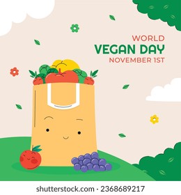 World vegan day background. World vegetarian day background. Happy world vegan day celebration. November 1. Vector illustration. Poster, Banner, Flyer, Greeting Card, Post, Template. Fresh vegetables.