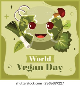 World vegan day background. World vegetarian day background. Happy world vegan day celebration. November 1. Vector illustration. Poster, Banner, Flyer, Greeting Card, Post, Template. Fresh vegetables.