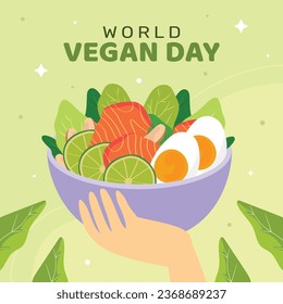 World vegan day background. World vegetarian day background. Happy world vegan day celebration. November 1. Vector illustration. Poster, Banner, Flyer, Greeting Card, Post, Template. Fresh vegetables.