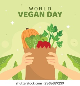 World vegan day background. World vegetarian day background. Happy world vegan day celebration. November 1. Vector illustration. Poster, Banner, Flyer, Greeting Card, Post, Template. Fresh vegetables.