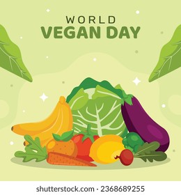 World vegan day background. World vegetarian day background. Happy world vegan day celebration. November 1. Vector illustration. Poster, Banner, Flyer, Greeting Card, Post, Template. Fresh vegetables.