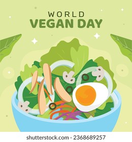 World vegan day background. World vegetarian day background. Happy world vegan day celebration. November 1. Vector illustration. Poster, Banner, Flyer, Greeting Card, Post, Template. Fresh vegetables.