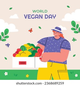 World vegan day background. World vegetarian day background. Happy world vegan day celebration. November 1. Vector illustration. Poster, Banner, Flyer, Greeting Card, Post, Template. Fresh vegetables.