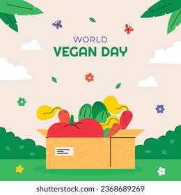 Antecedentes del Día Mundial de la Vega. Fondo del día vegetariano mundial. Feliz día vegano. 1 de noviembre. Ilustración vectorial. Afiche, Cartel, Volante, Tarjeta de felicitación, Post, Plantilla. Verduras frescas.