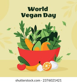 World vegan day background. World vegetarian day background. Happy world vegan day celebration. November 1. Cartoon Vector illustration Template for Poster, Banner, Flyer, Greeting, Card, Post, Cover.