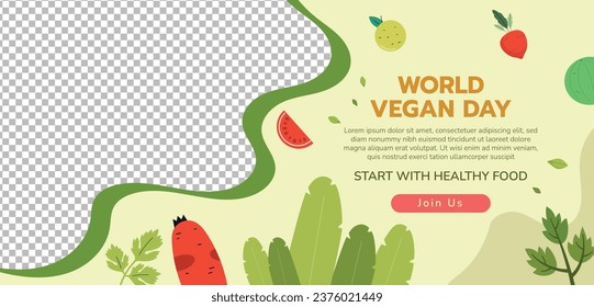 World vegan day background. World vegetarian day background. Happy world vegan day celebration. November 1. Cartoon Vector illustration Template for Poster, Banner, Flyer, Greeting, Card, Post, Cover.