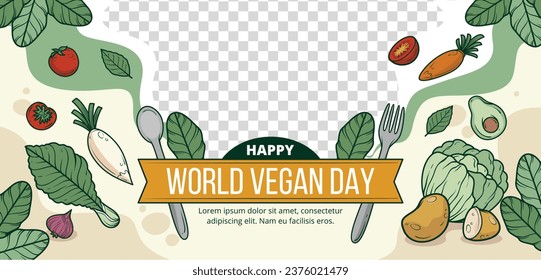 World vegan day background. World vegetarian day background. Happy world vegan day celebration. November 1. Cartoon Vector illustration Template for Poster, Banner, Flyer, Greeting, Card, Post, Cover.