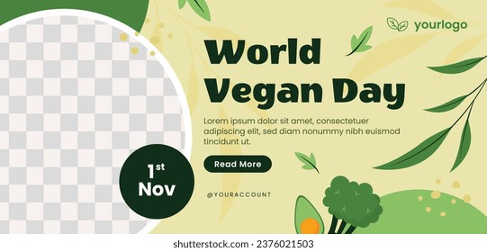 World vegan day background. World vegetarian day background. Happy world vegan day celebration. November 1. Cartoon Vector illustration Template for Poster, Banner, Flyer, Greeting, Card, Post, Cover.