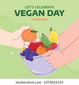 World vegan day background. World vegetarian day background. Happy world vegan day celebration. November 1. Cartoon Vector illustration Template for Poster, Banner, Flyer, Greeting, Card, Post, Cover.
