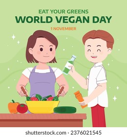 World vegan day background. World vegetarian day background. Happy world vegan day celebration. November 1. Cartoon Vector illustration Template for Poster, Banner, Flyer, Greeting, Card, Post, Cover.
