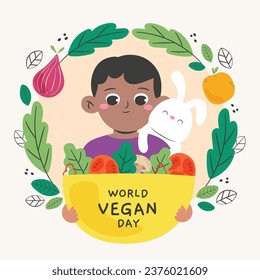 World vegan day background. World vegetarian day background. Happy world vegan day celebration. November 1. Cartoon Vector illustration Template for Poster, Banner, Flyer, Greeting, Card, Post, Cover.